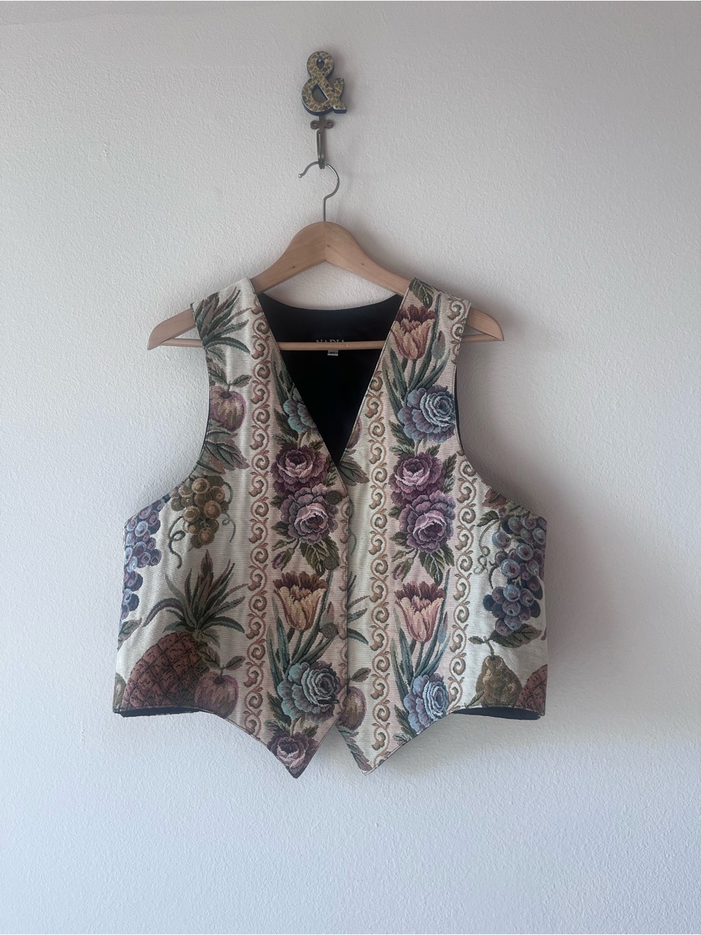 Vintage Cream Tapestry Floral Vest with Green and Purple Accents